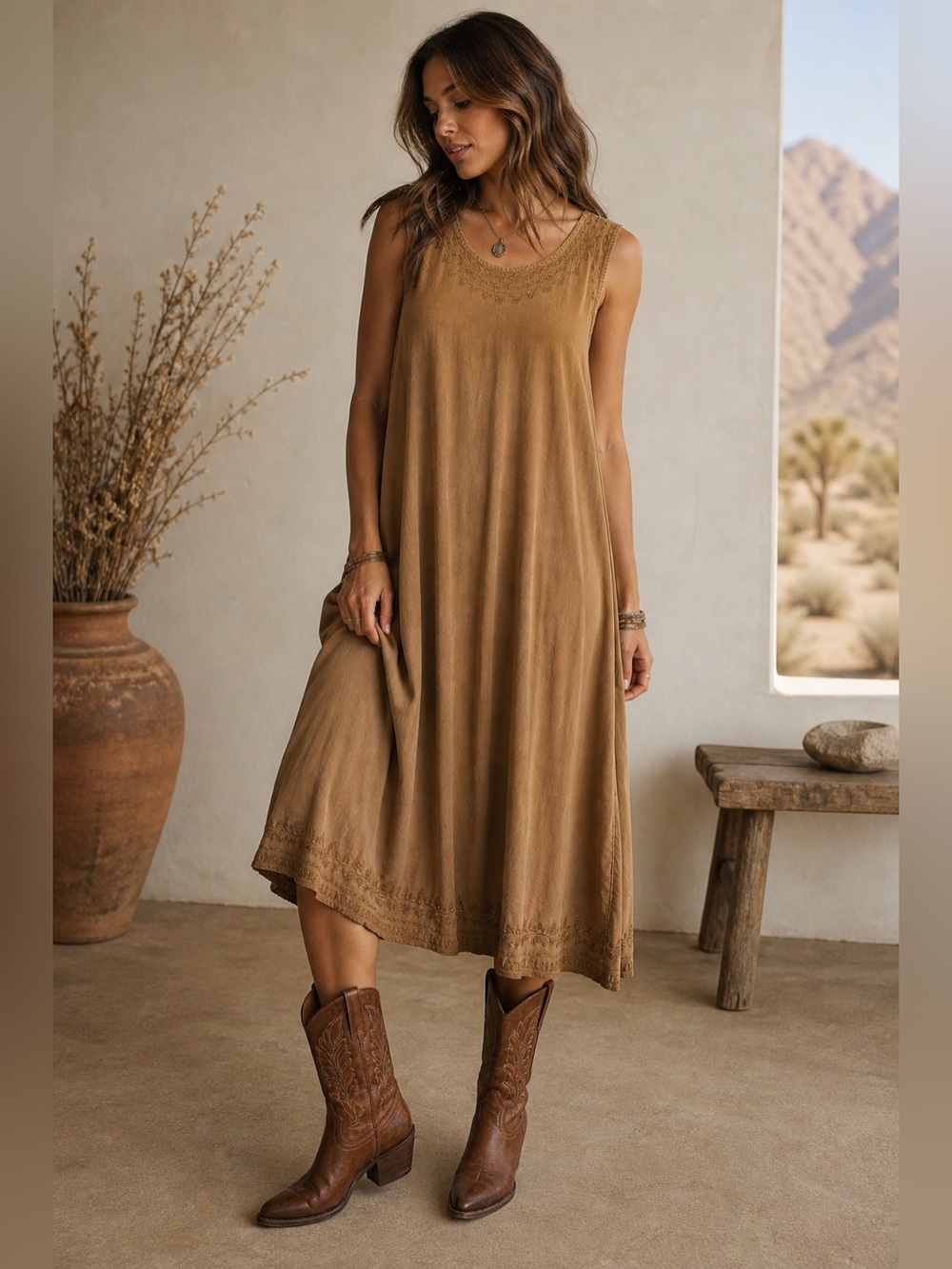 Desert Minimalist Camel Embroidered Midi Dress Boho Western L